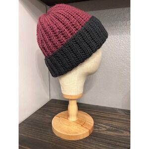 Handmade Two Tone Burgundy Charcoal Grey Chunky Knit Beanie Cap